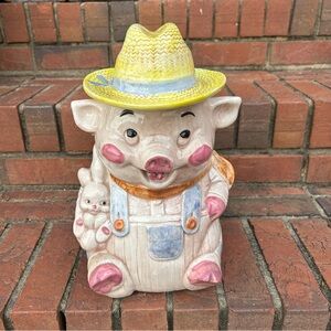 vintage Treasure Craft Farmer Pig ceramic cookie jar.